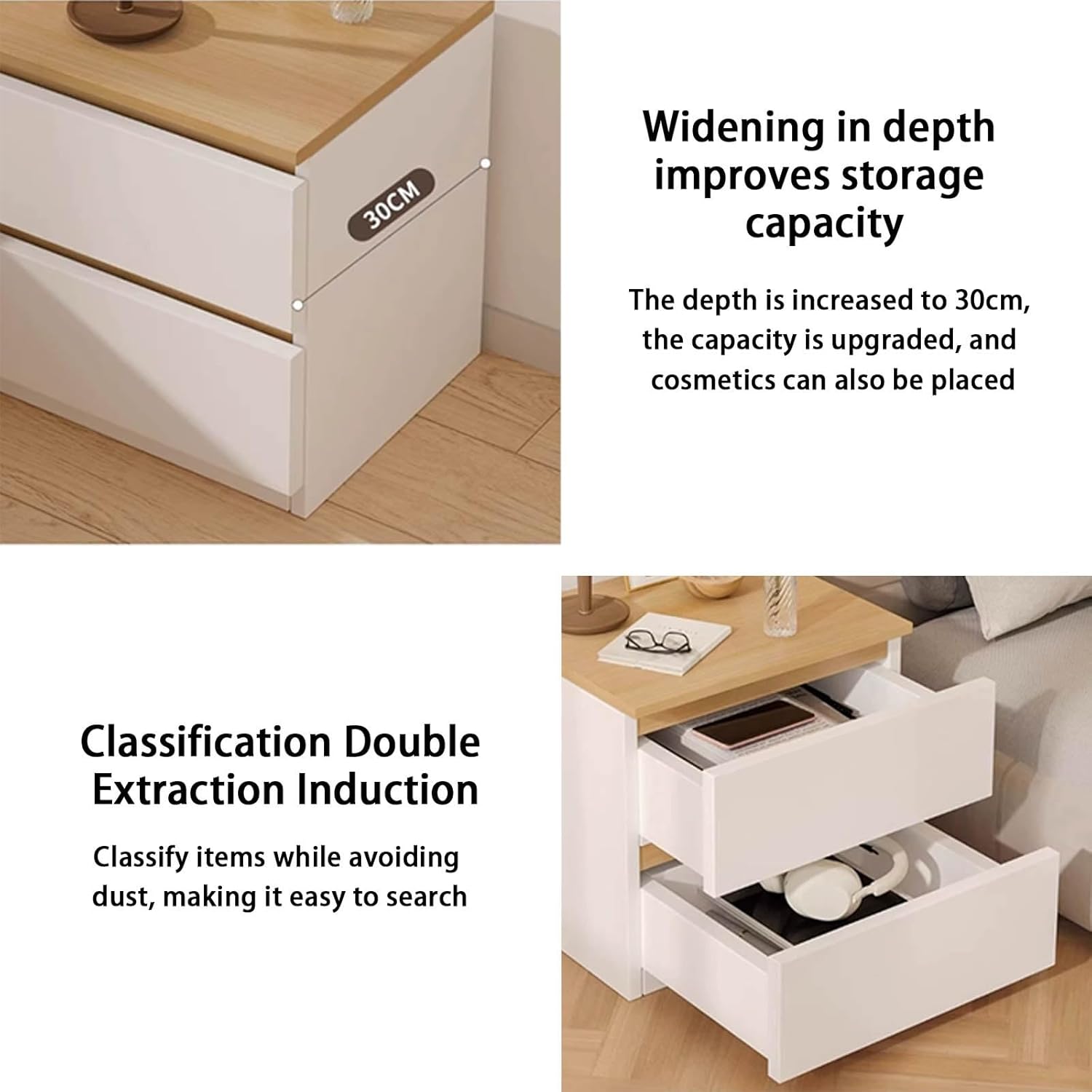 Noptiera moderna cu 2 sertare albă cu blat de lemn