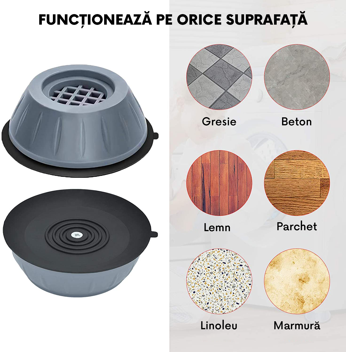 Set 4 Suporturi Antivibrații pentru Mașina de Spălat, Piciorușe Anti-Zgomot