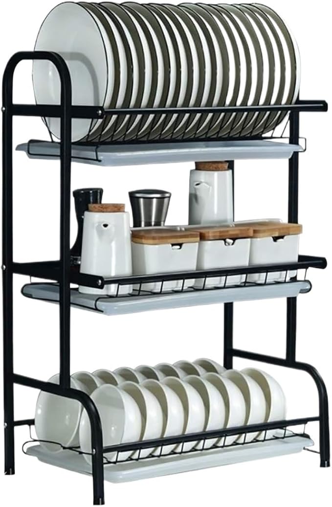 Suport de vase metalic supraetajat, 3 niveluri, Negru