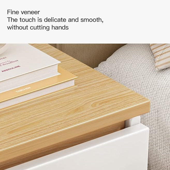 Noptiera moderna cu 2 sertare albă cu blat de lemn