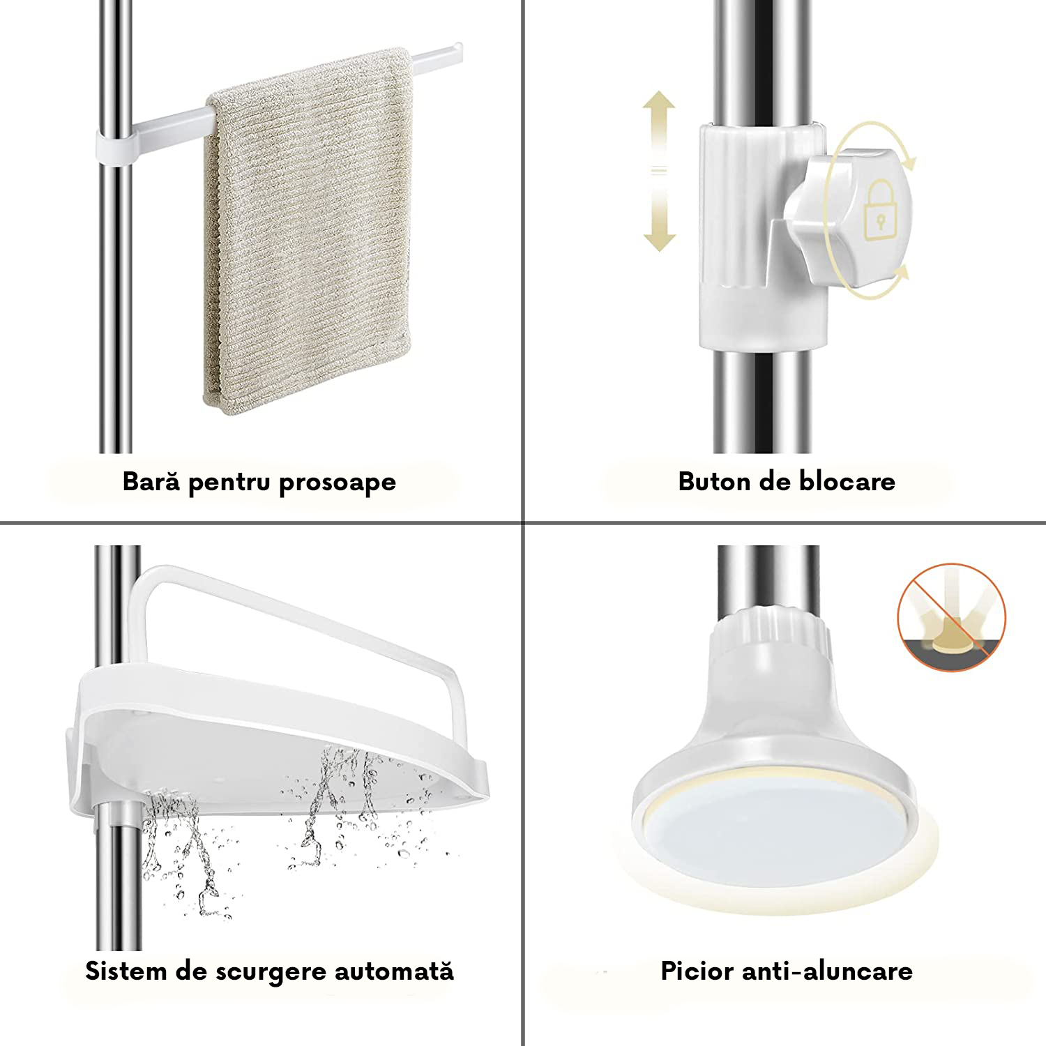 Etajeră de Colț Telescopică pentru Baie, 4 Rafturi, Montare fără Găurire