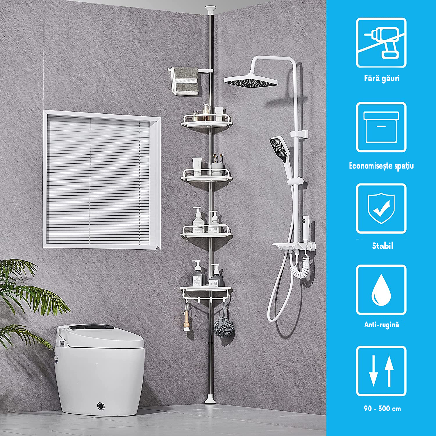 Etajeră de Colț Telescopică pentru Baie, 4 Rafturi, Montare fără Găurire