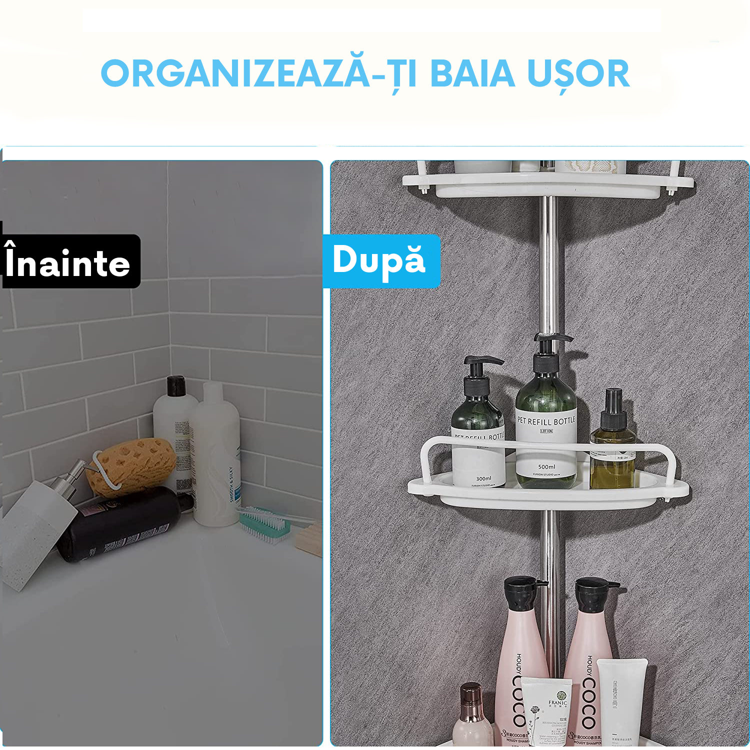 Etajeră de Colț Telescopică pentru Baie, 4 Rafturi, Montare fără Găurire