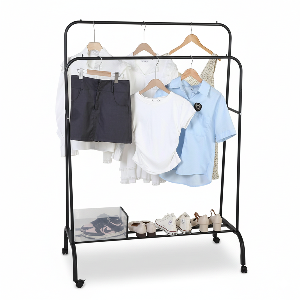 Suport dublu de umerașe pentru haine 150 x 110 x 54 cm - Cu Roti, Negru