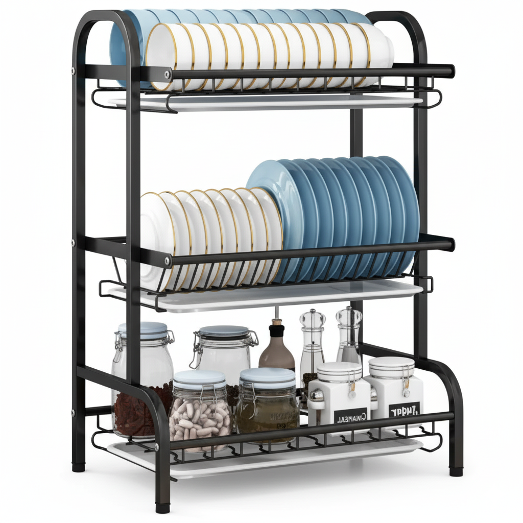 Suport vase 3 niveluri, oțel inox 304, 42.5x25.5x61 cm, negru