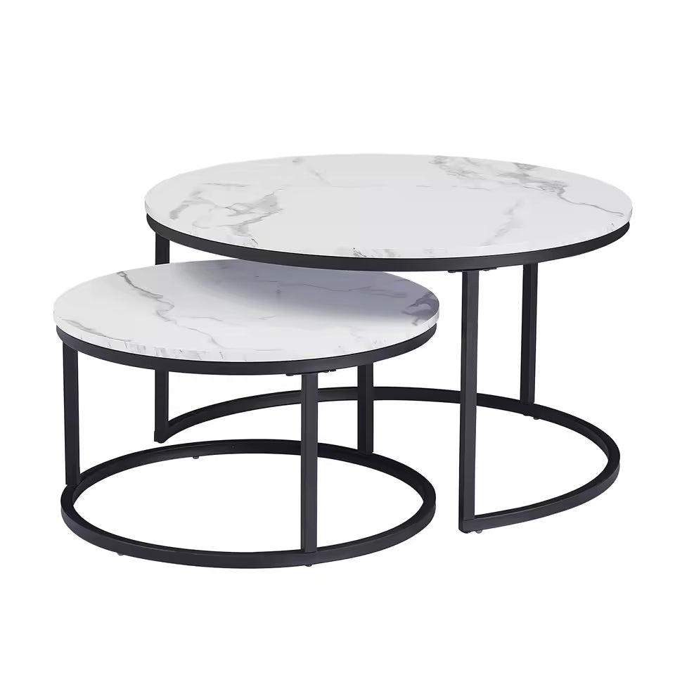 Set 2 mese de cafea tip nesting cu blat marmură, 70 cm + 55 cm, design modern