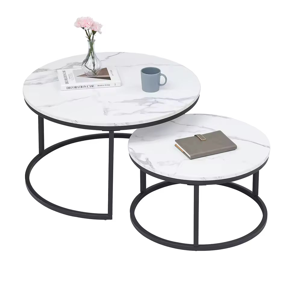 Set 2 mese de cafea tip nesting cu blat marmură, 70 cm + 55 cm, design modern