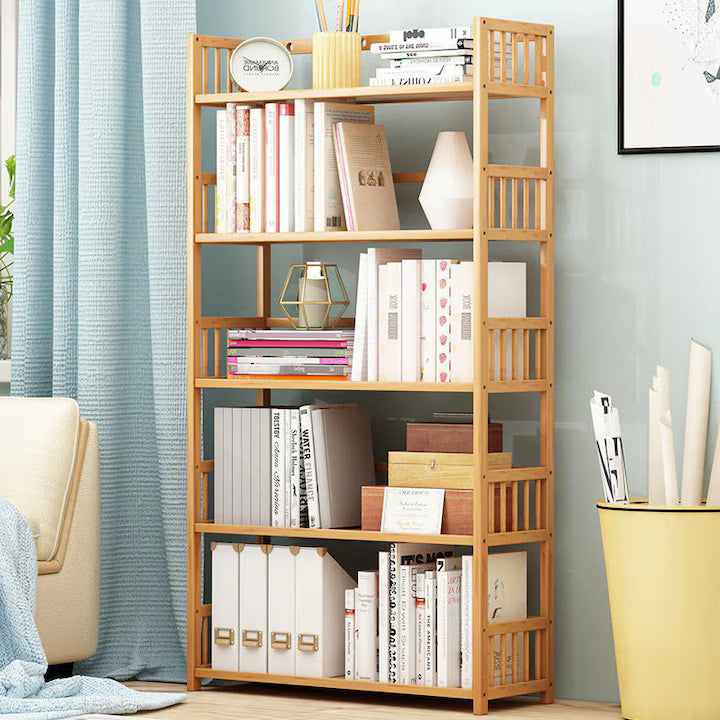 Biblioteca sufragerie, raft carti din lemn de bambus, 5 Rafturi - 80 x 25 x 133 cm