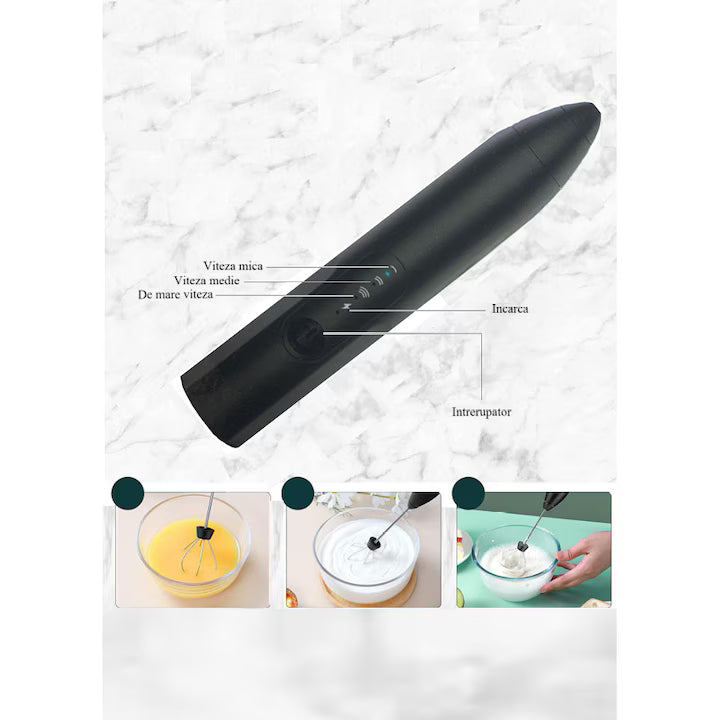 Mini Mixer electric cu acumulator, pentru a face spuma de lapte, frappe, cappucino sau mixat oua, brat otel inoxidabil, incarcare