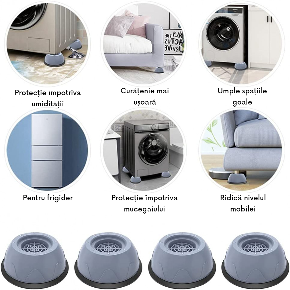 Set 4 Suporturi Antivibrații pentru Mașina de Spălat, Piciorușe Anti-Zgomot