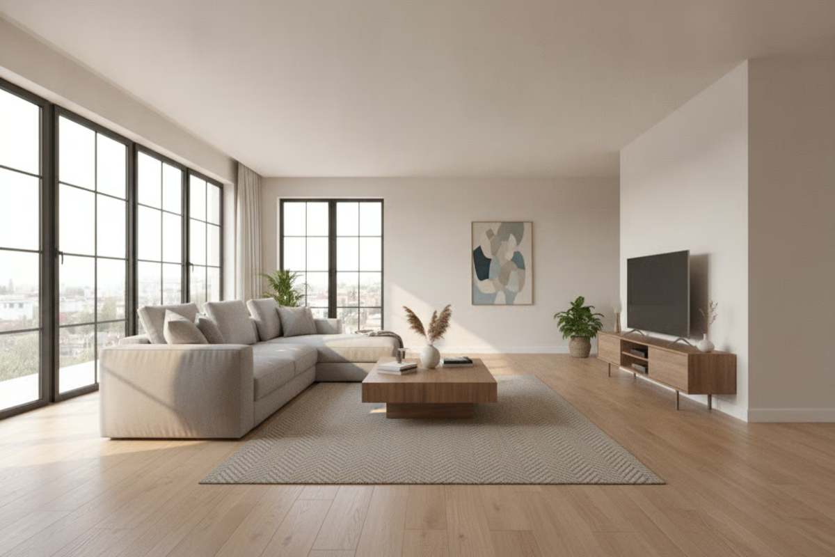Living modern cu mobilier functional si lumina naturala generoasa