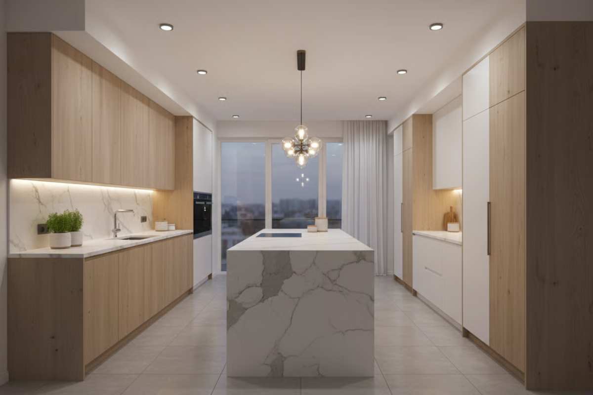 Bucatarie moderna cu iluminat stratificat si mobilier