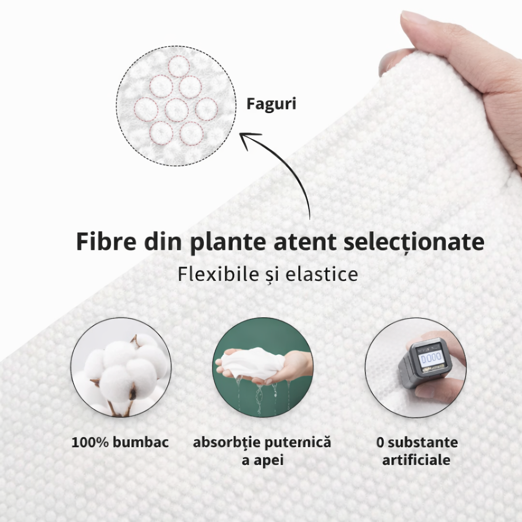 Set de 5 prosoape comprimate: pastile rotunde care se desfac în prosoape de 30 × 60 cm.