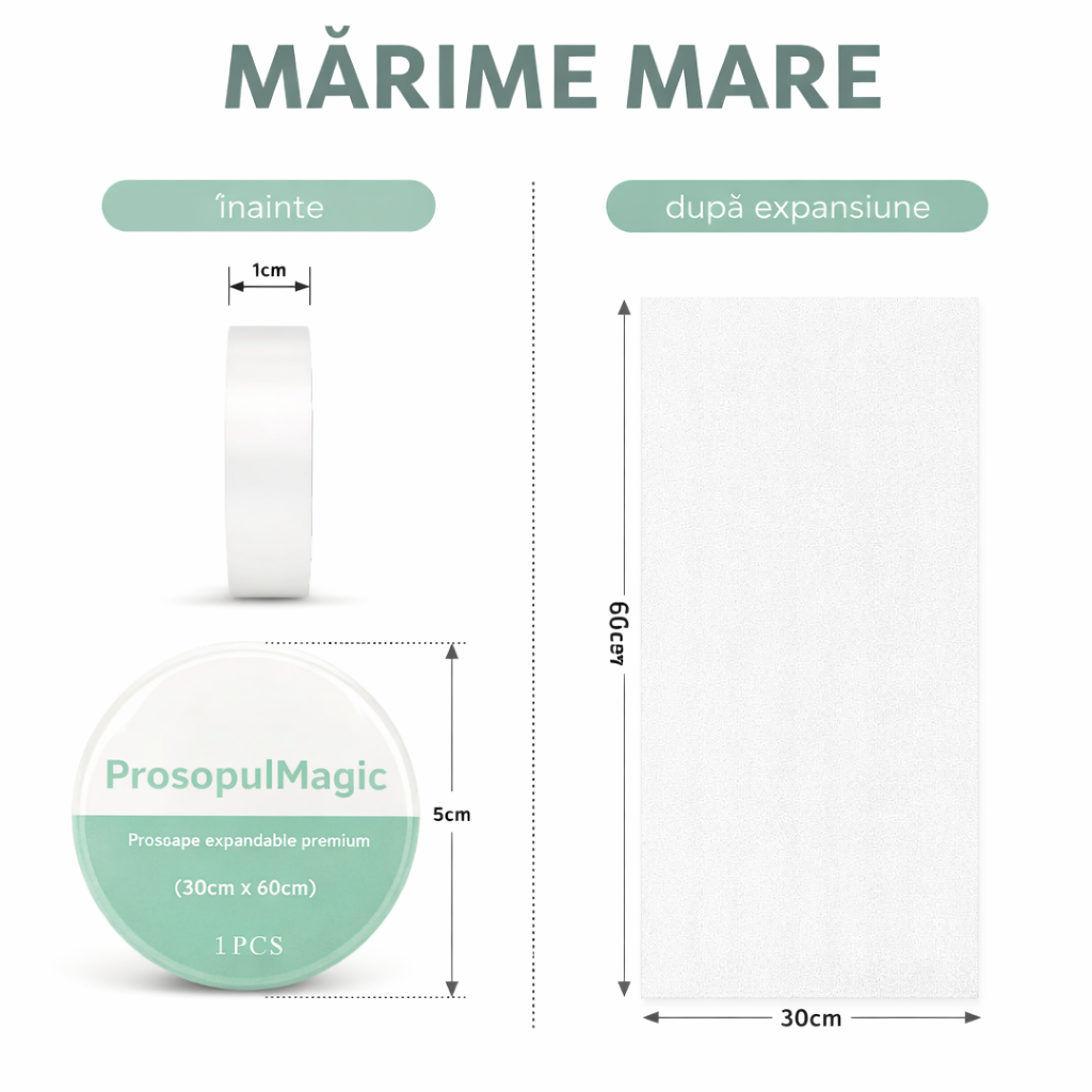 Set de 5 prosoape comprimate: pastile rotunde care se desfac în prosoape de 30 × 60 cm.