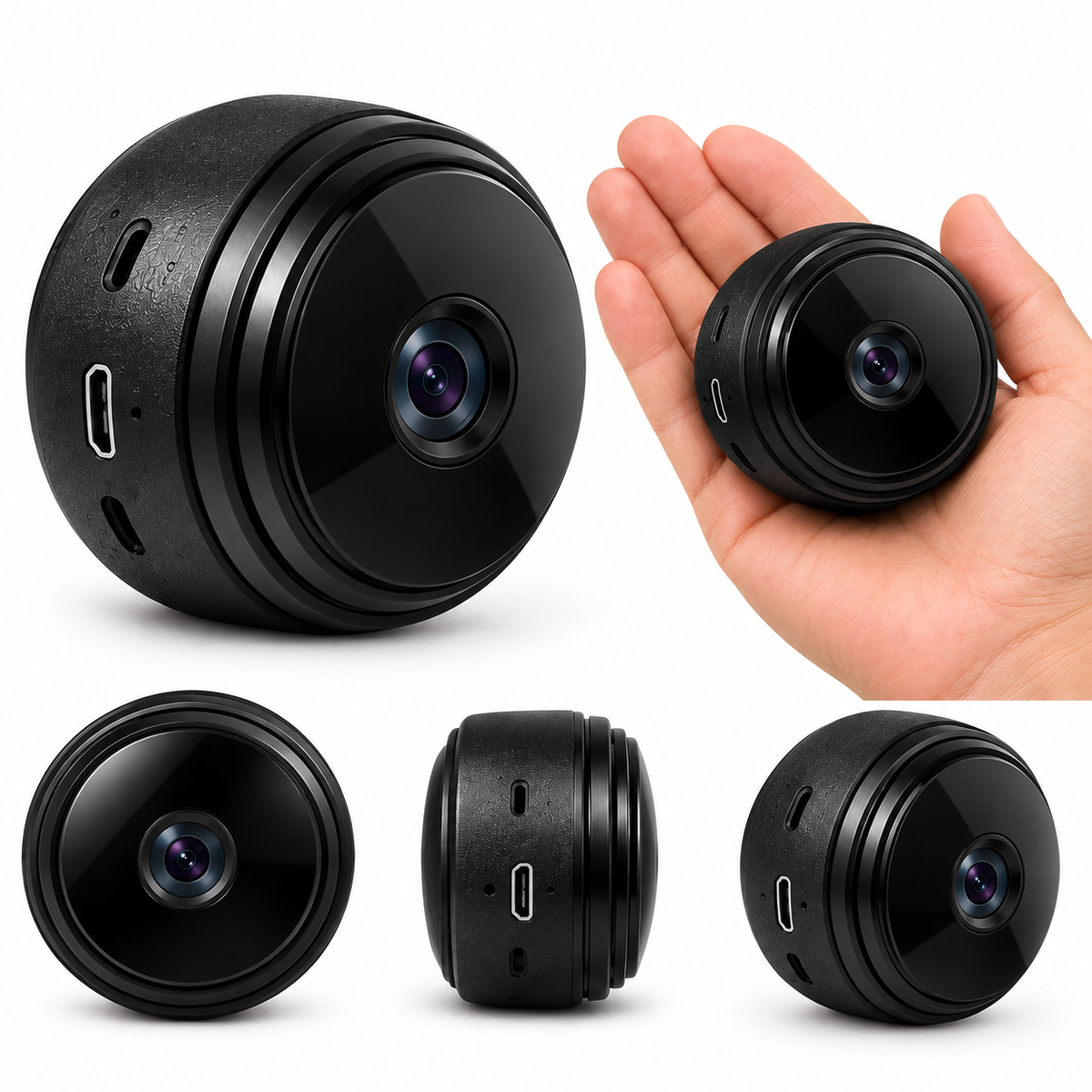 Mini camera de supraveghere văzută din patru unghiuri și ținută între degete, pe fundal alb