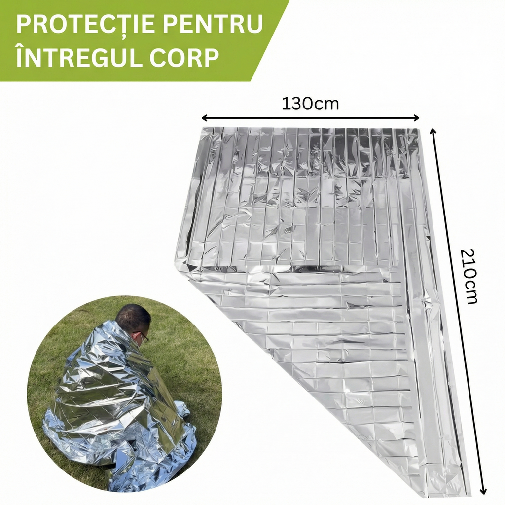 Pătură termică argintie desfăcută, cu cotele marcate: 130 x 210 cm, și un om înfășurat în ea