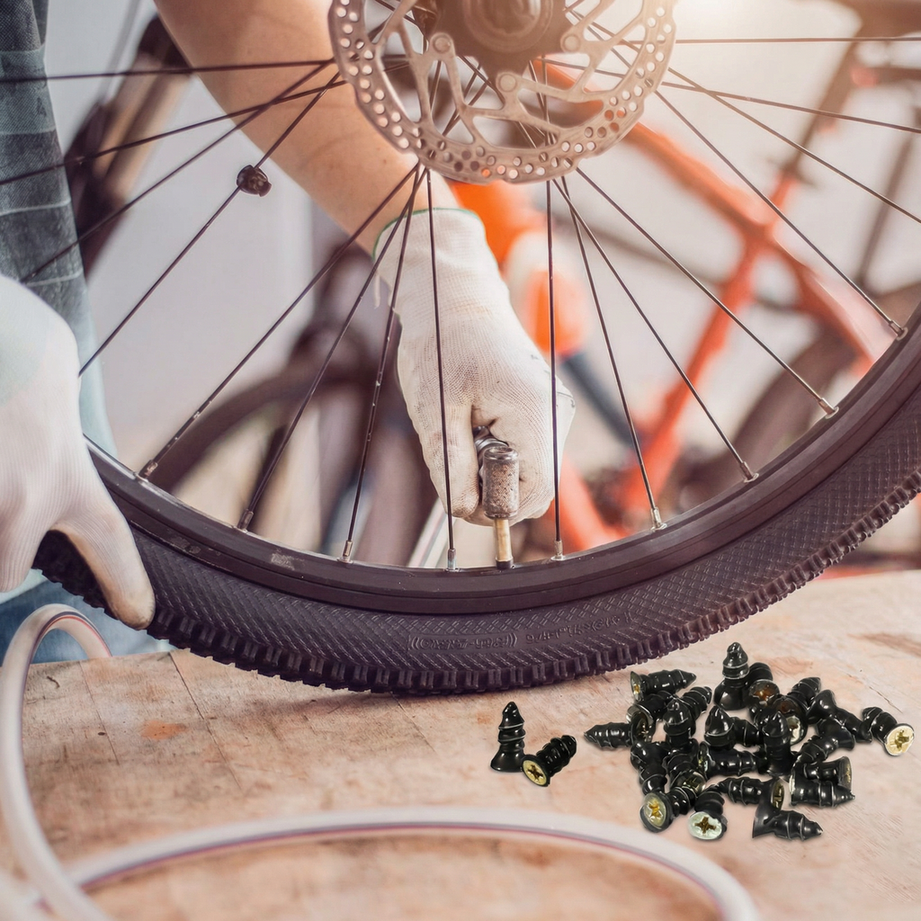Roată de bicicletă pe o masă de lemn și o grămadă de cuie de reparație alături