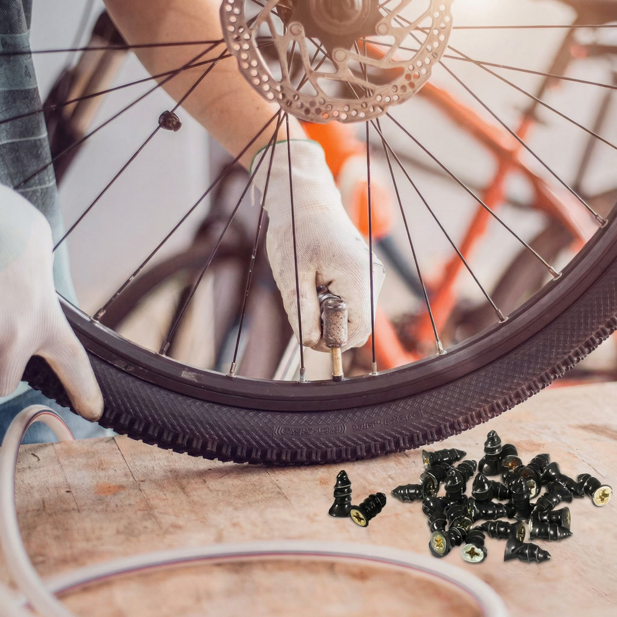 Roată de bicicletă pe o masă de lemn și o grămadă de cuie de reparație alături