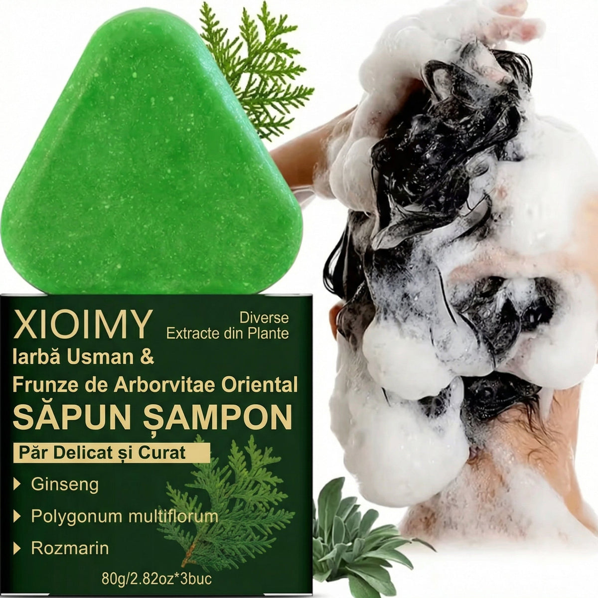 Baton verde de săpun-șampon solid lângă cutia verde pe care scrie 80 g pe bucată, 3 bucăți
