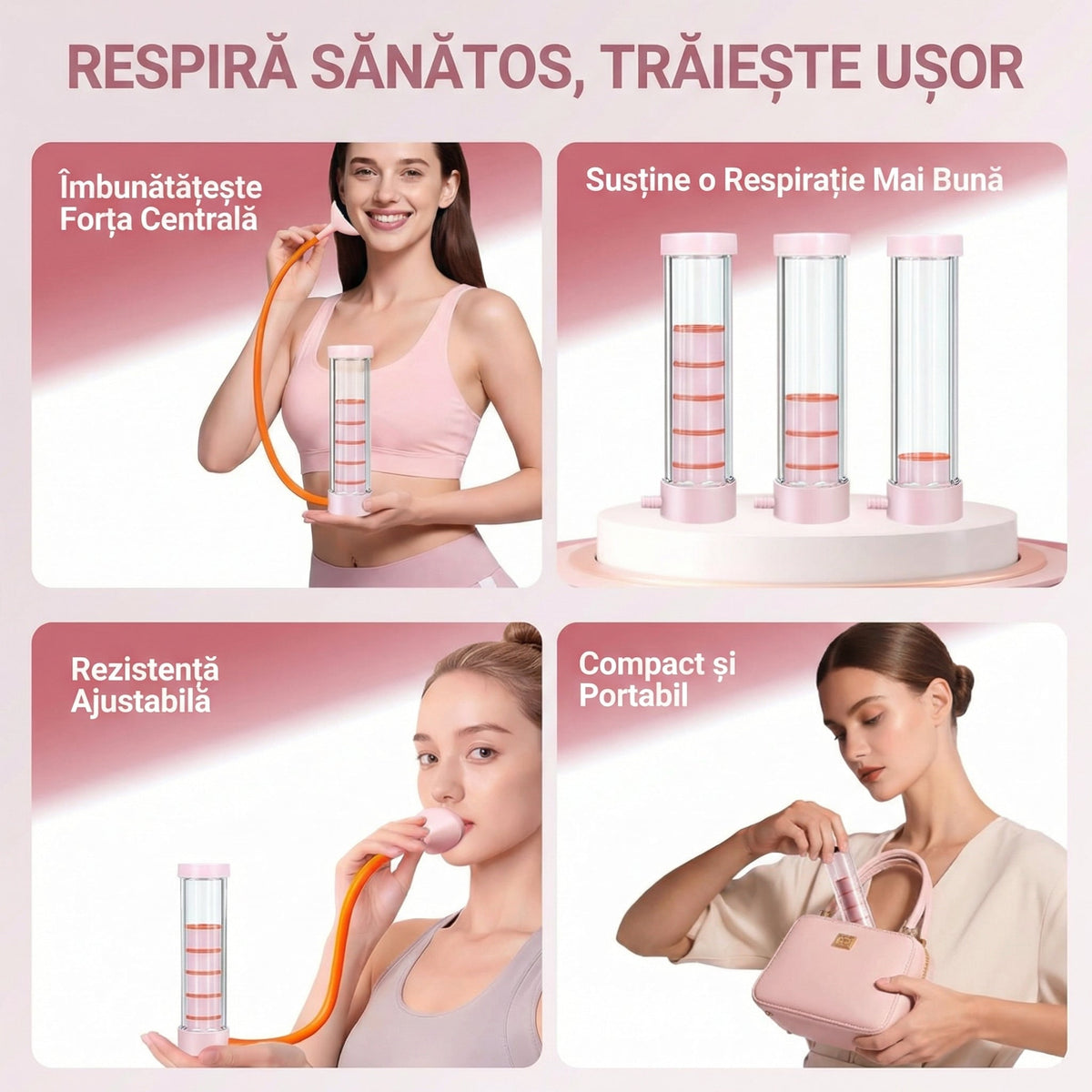 Patru imagini cu antrenorul roz: în folosire, cele trei camere, reglajul rezistenței și mărimea față de o poșetă