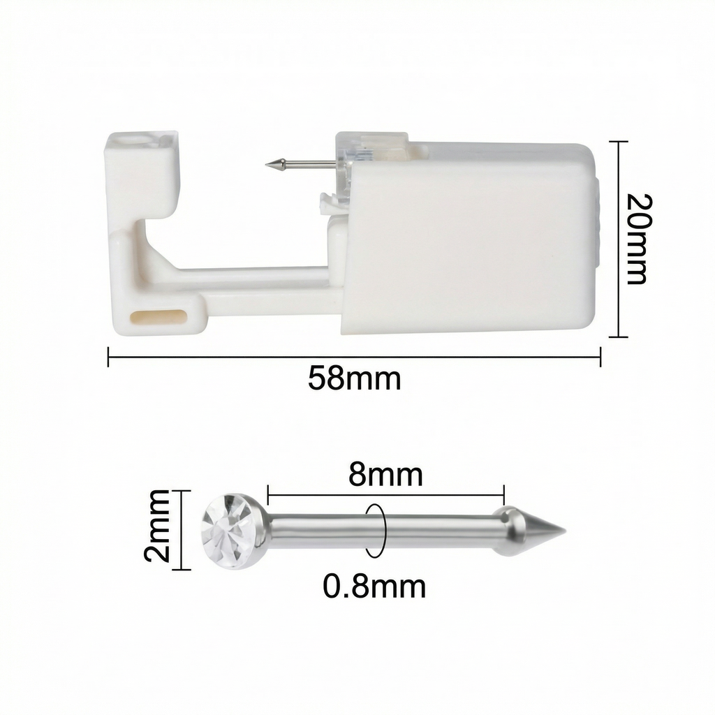 Dispozitivul de piercing și știftul, cu cotele marcate: 58 x 20 mm, tijă de 8 x 0,8 mm, piatră de 2 mm