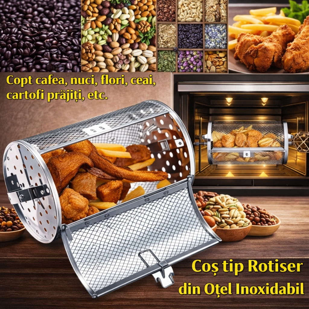 Coș rotisor din inox cu ușa deschisă, plin cu cartofi prăjiți, lângă un cuptor