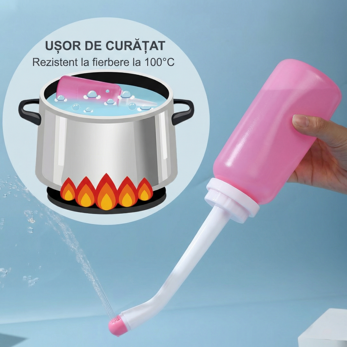 Sticla strânsă în mână, cu jetul de apă ieșind din duza curbată