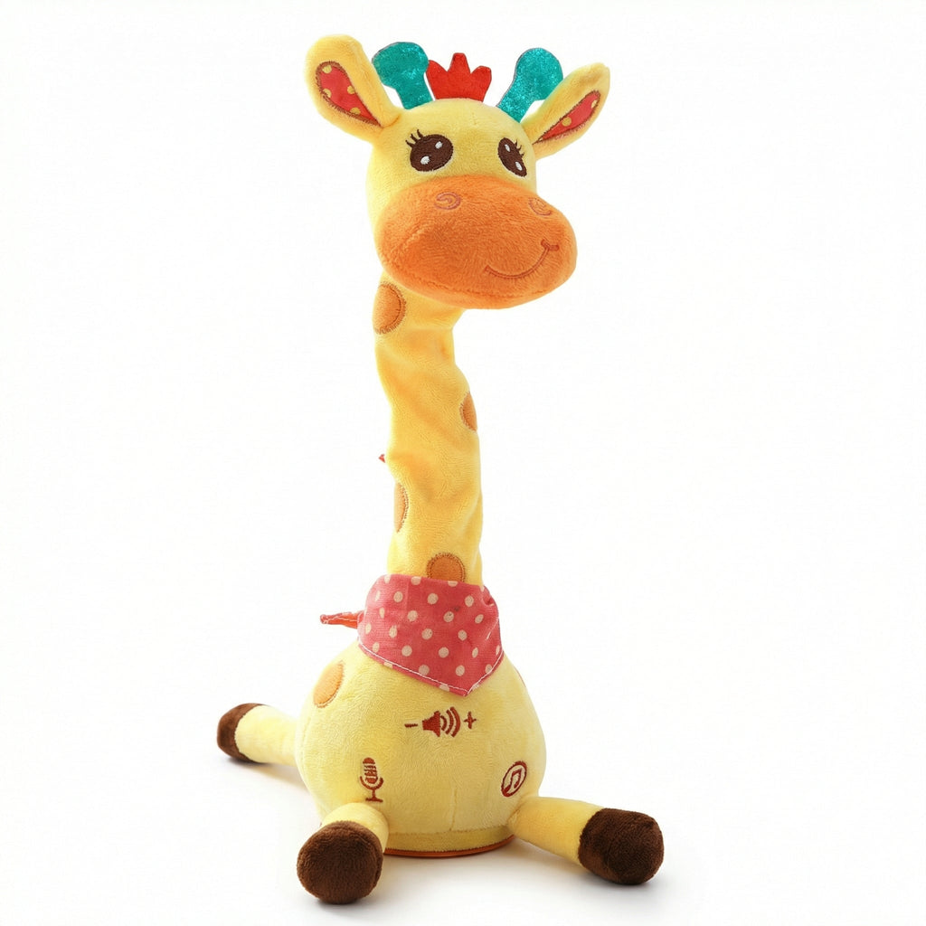 Girafa de pluș galbenă cu batic roz, văzută din față, pe fundal alb