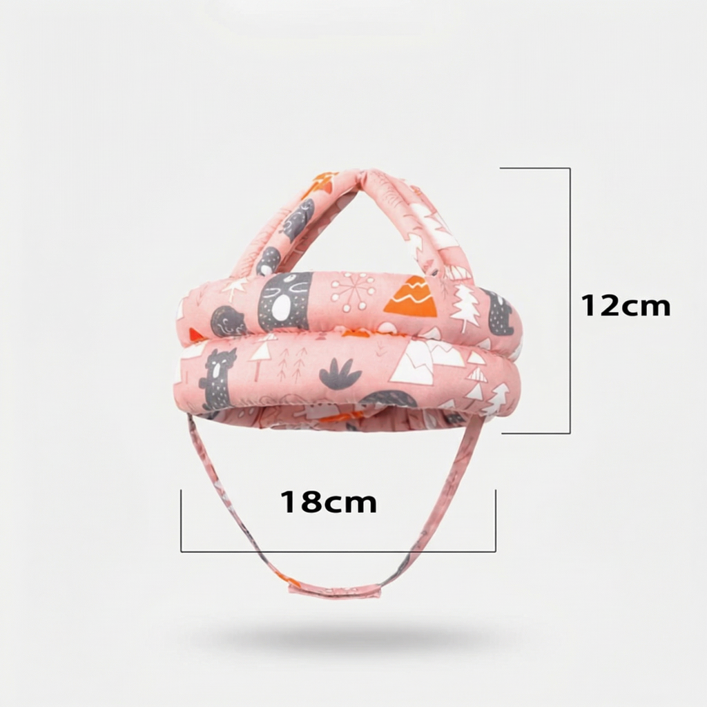 Căciula de protecție roz, cu cotele marcate: 12 cm înălțime și 18 cm cureaua de bărbie