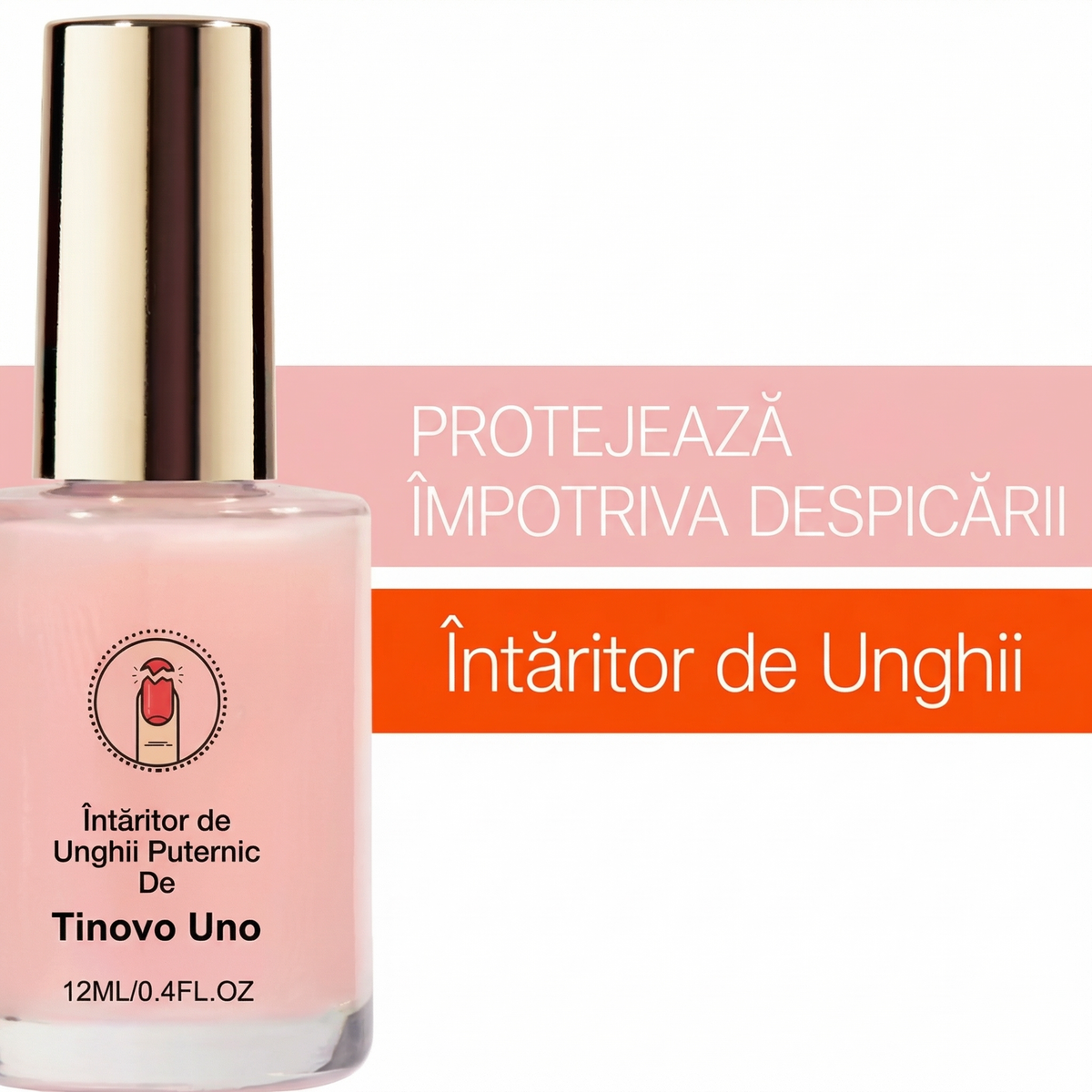 Sticluța de întăritor de unghii roz cu capac auriu, de 12 ml