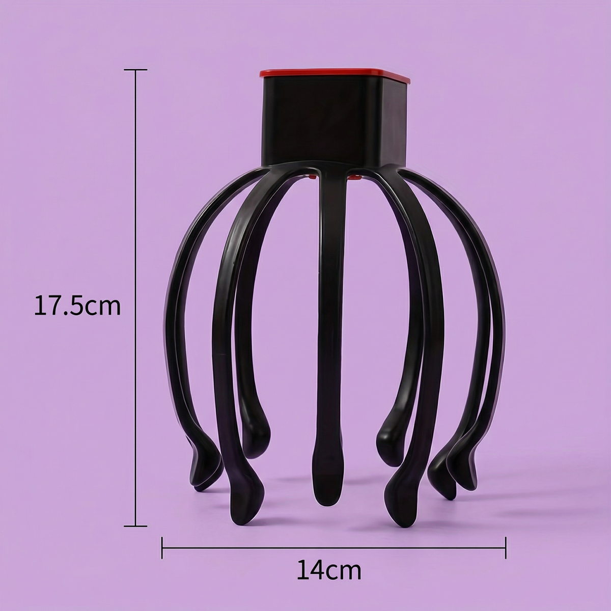 Aparatul de masaj pentru scalp, văzut din față, cu cotele marcate: 17,5 x 14 cm