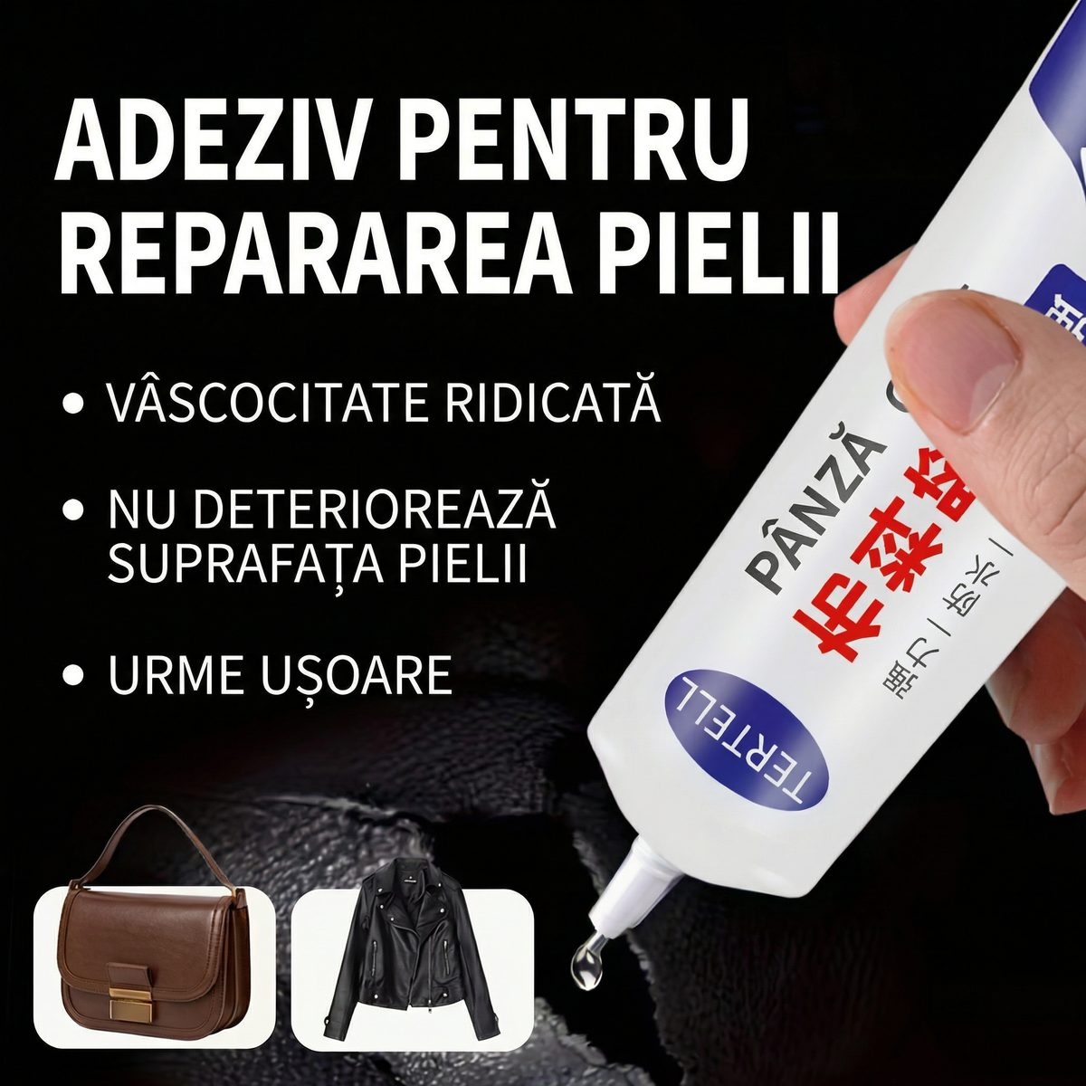 Tub de adeziv transparent ținut în mână, cu o picătură pe vârf, lângă o geantă și o geacă de piele