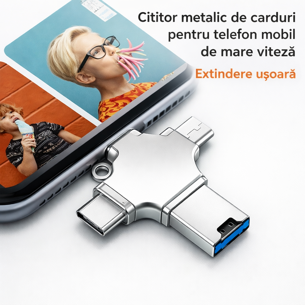 Cititor card microSD 4 în 1, USB-C, Lightning și USB