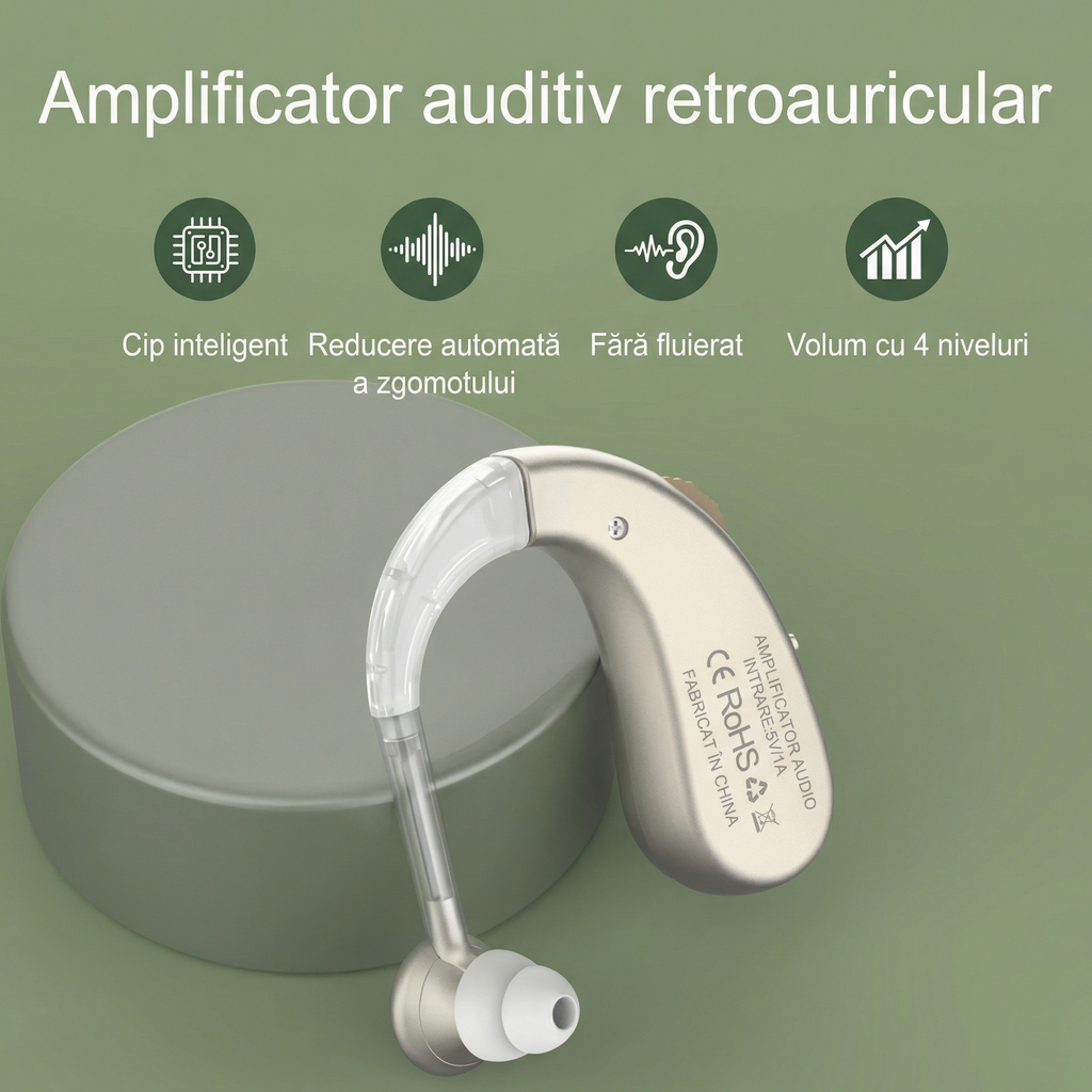 Amplificatorul auditiv așezat lângă cutia rotundă, cu marcajele CE și RoHS vizibile