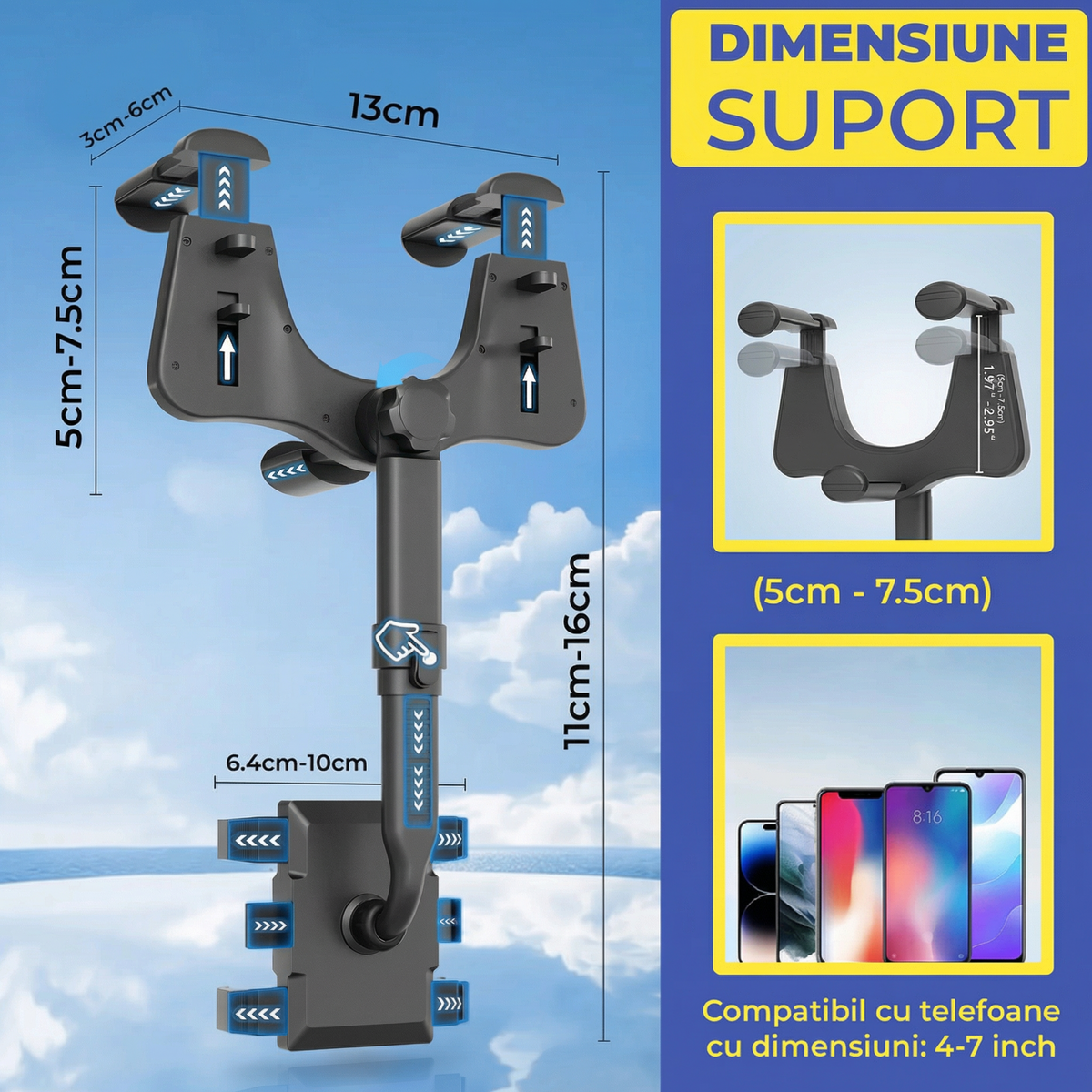 Cotele suportului: clema de oglindă 5–7,5 cm, braț 11–16 cm, clemă de telefon 6,4–10 cm, pentru telefoane de 4–7 inch
