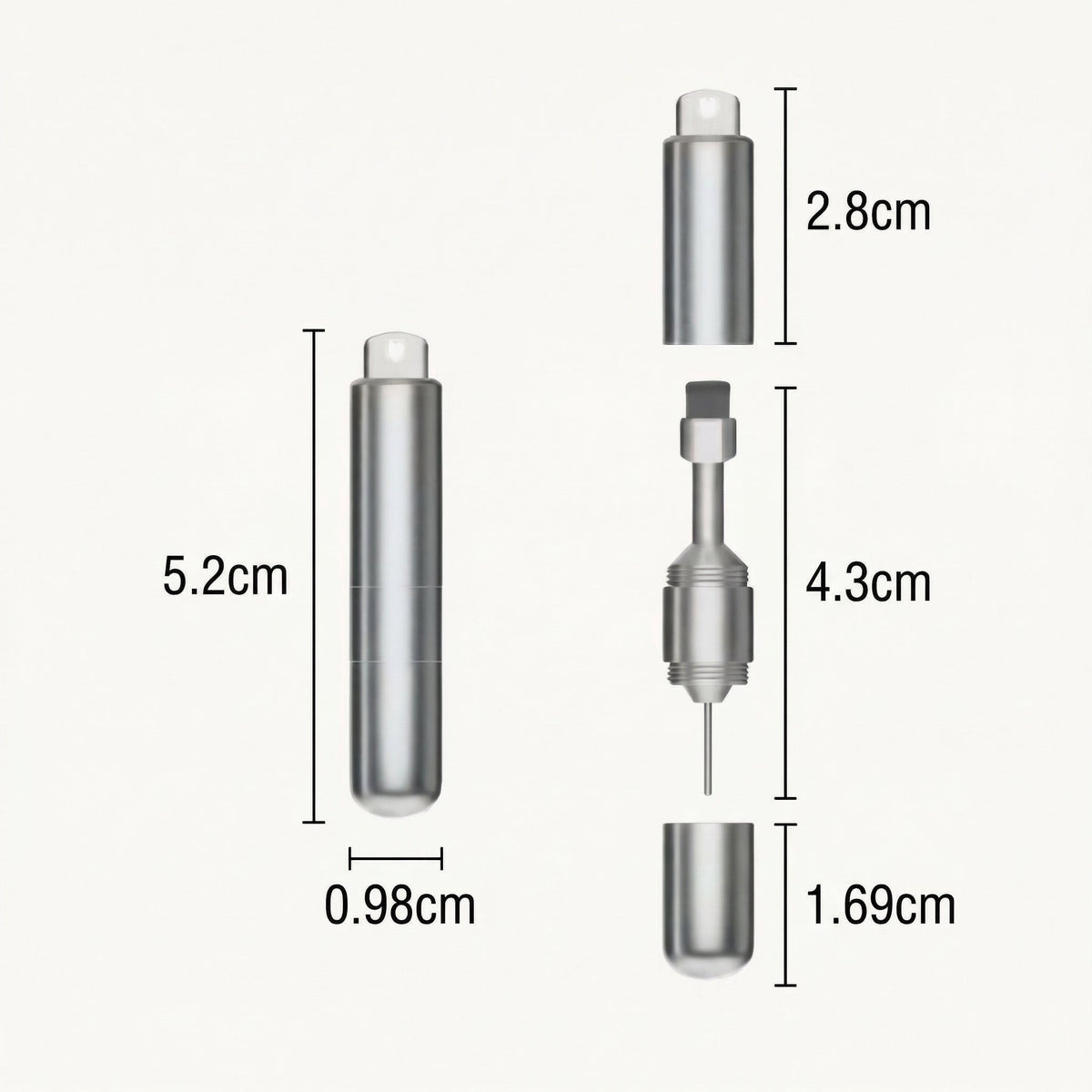 Brelocul închis și desfăcut în componente, cu cotele 5,2 cm, 0,98 cm, 2,8 cm, 4,3 cm și 1,69 cm marcate