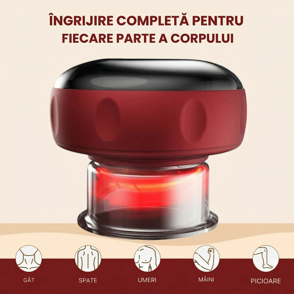 Aparat de masaj roșu cu negru, cu cupa transparentă aprinsă în roșu, și zonele de folosire marcate dedesubt