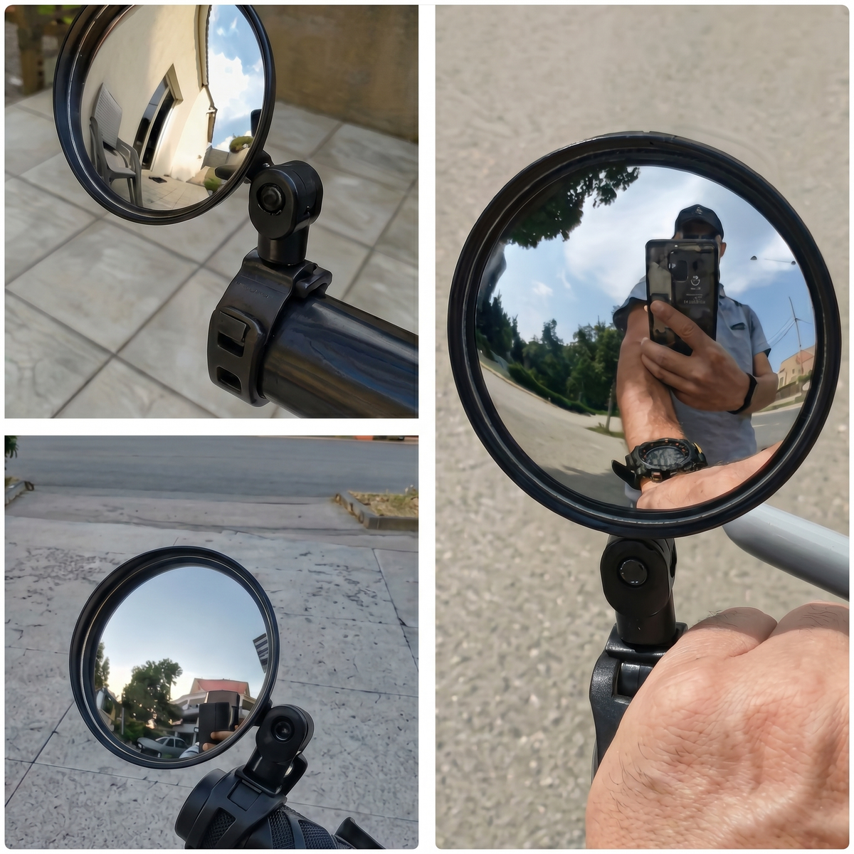 Oglinda montată pe ghidon, cu drumul și ciclistul reflectați în ea