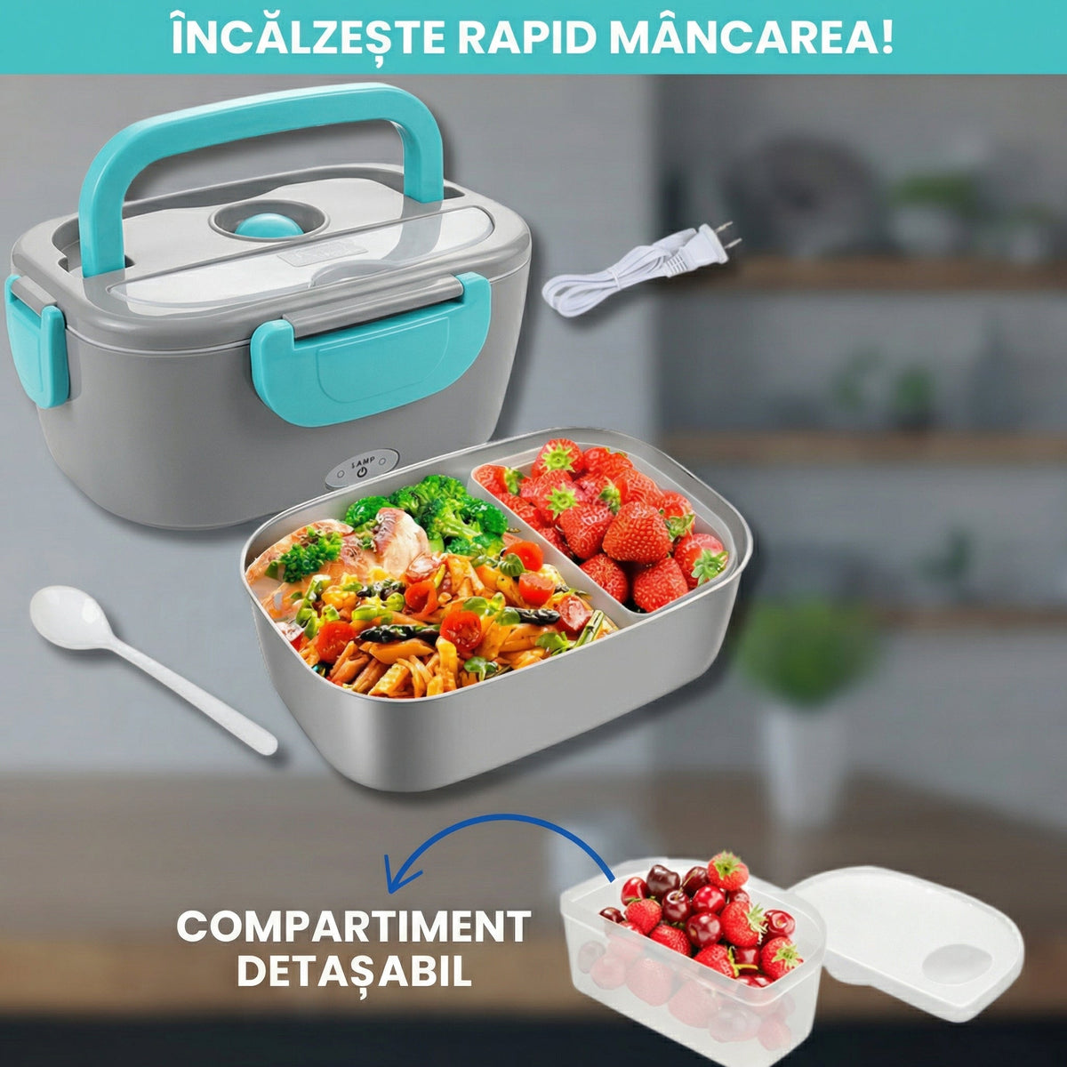 Caserola deschisă, cu recipientul de inox cu despărțitor și compartimentul transparent detașabil