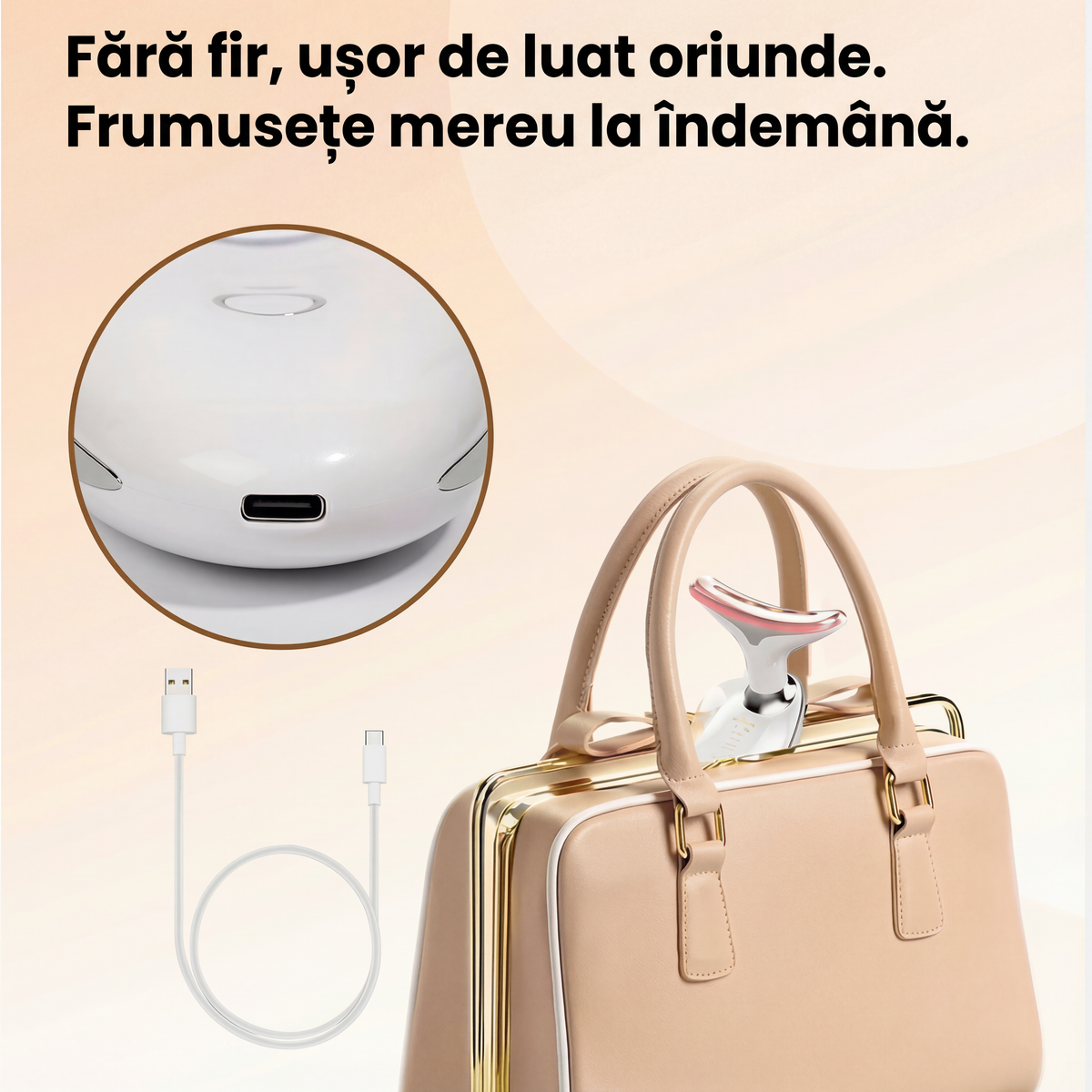 Aparatul de masaj cu cap în V, alb, alături de cablul de încărcare USB-C, pe fundal alb