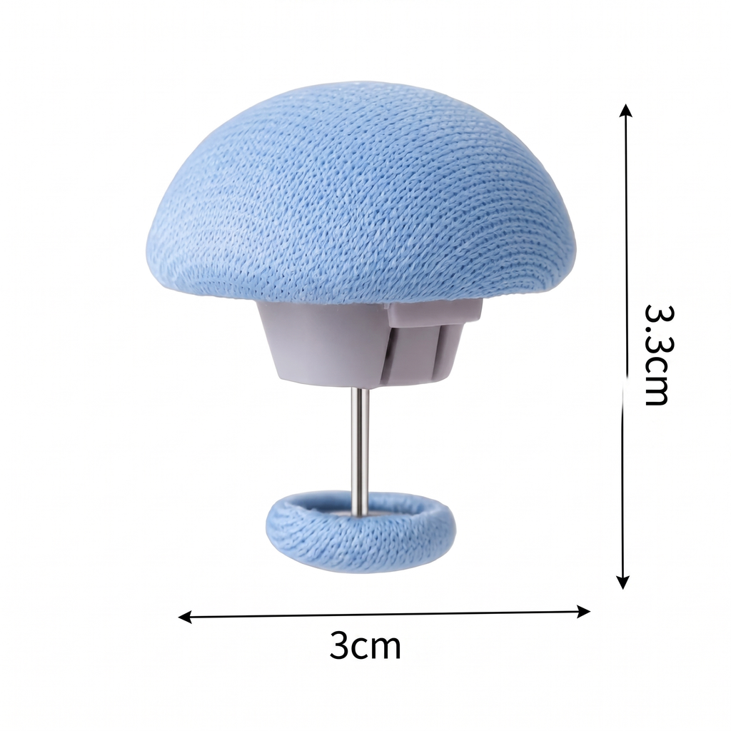 Element de fixare albastru, în formă de ciupercă, cu cotele 3 x 3,3 cm marcate