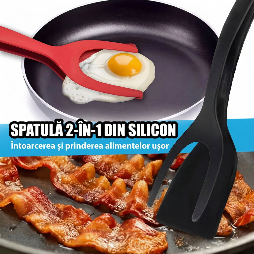 Spatula roșie întorcând un ou ochi și spatula neagră peste felii de bacon