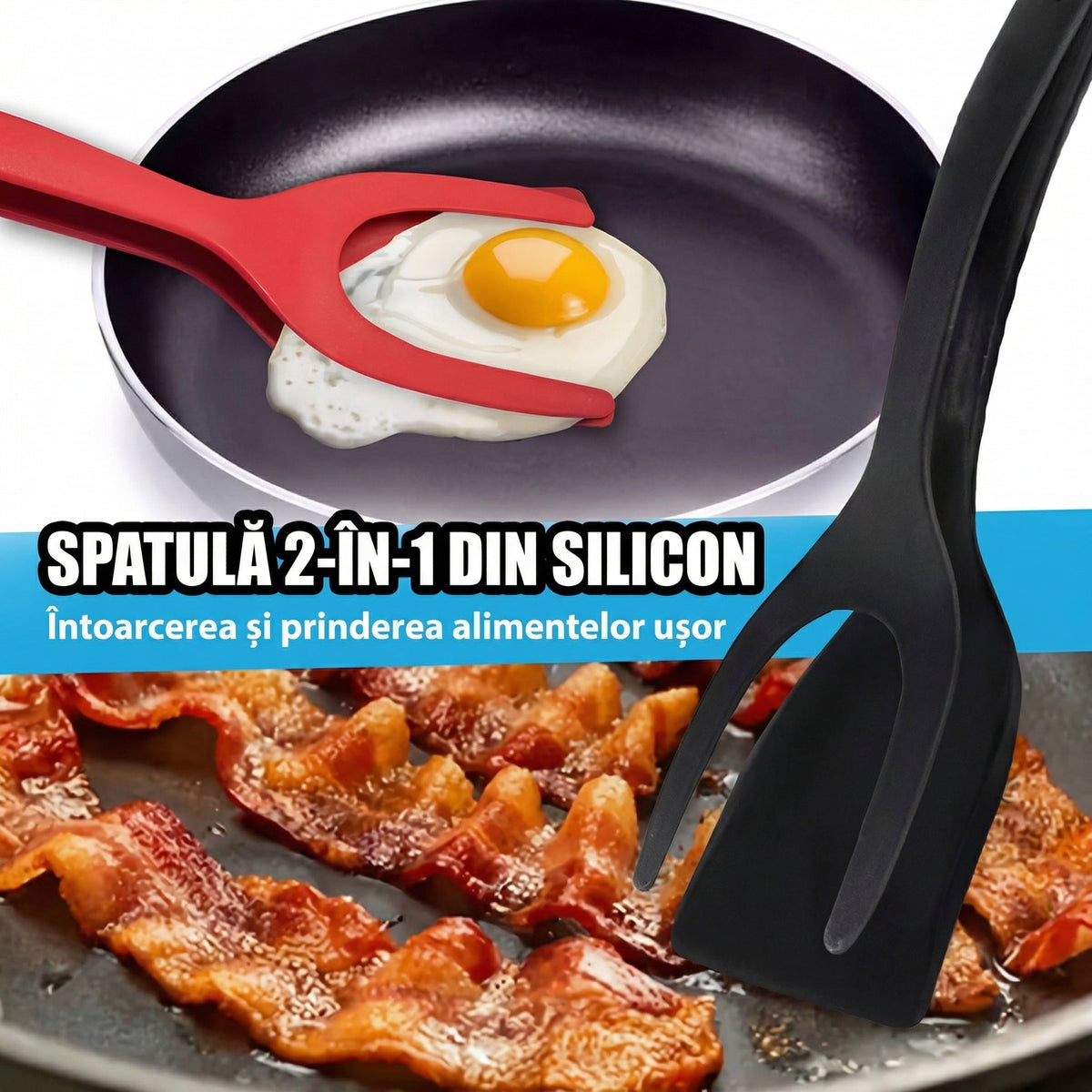Spatula roșie întorcând un ou ochi și spatula neagră peste felii de bacon