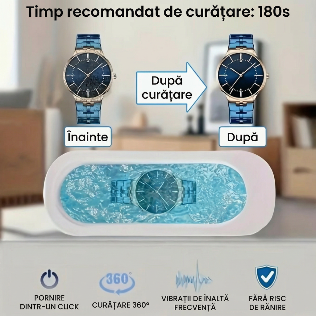 Un ceas înainte și după curățare, deasupra aparatului pornit