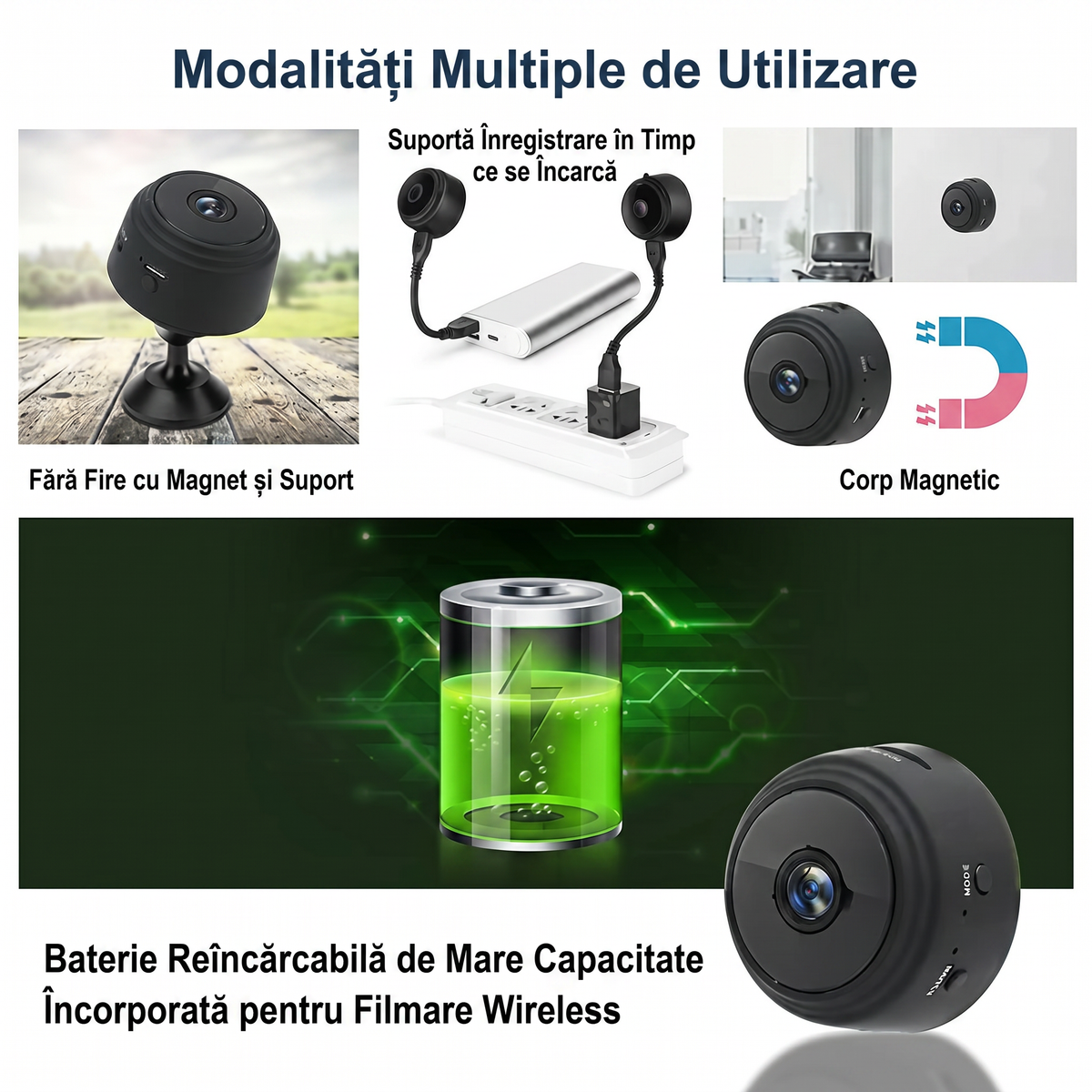 Felurile de montare a camerei: lipită magnetic, pe suport și în timpul încărcării