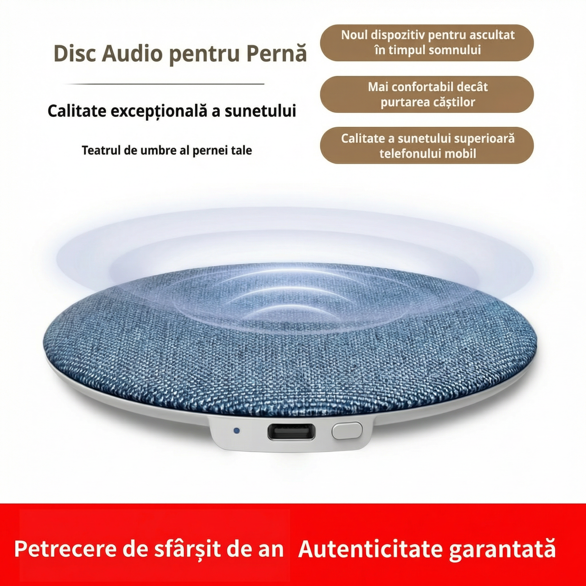 Boxa-disc pentru pernă, cu husă textilă albastră, cu butonul și portul de încărcare de pe margine la vedere