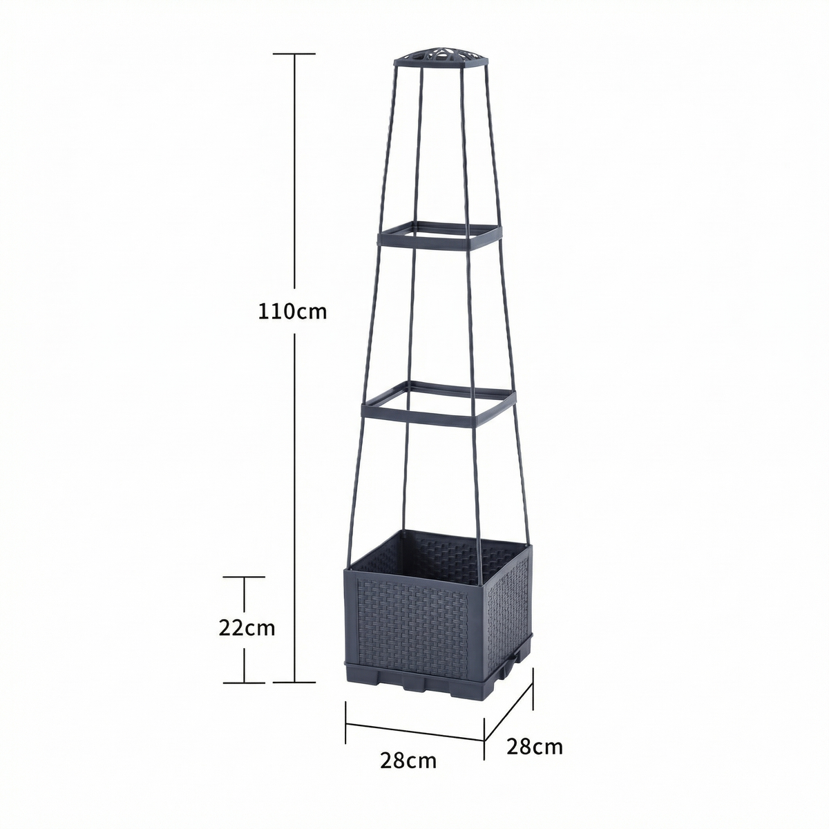 Jardiniera cu grilaj, cu cotele marcate: 110 cm înălțime și 28 x 28 cm baza