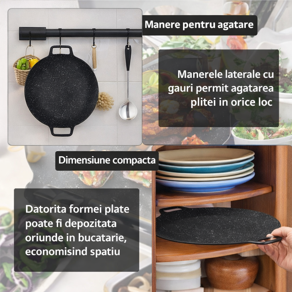 Plita agățată pe bara de bucătărie și așezată pe raft, între farfurii