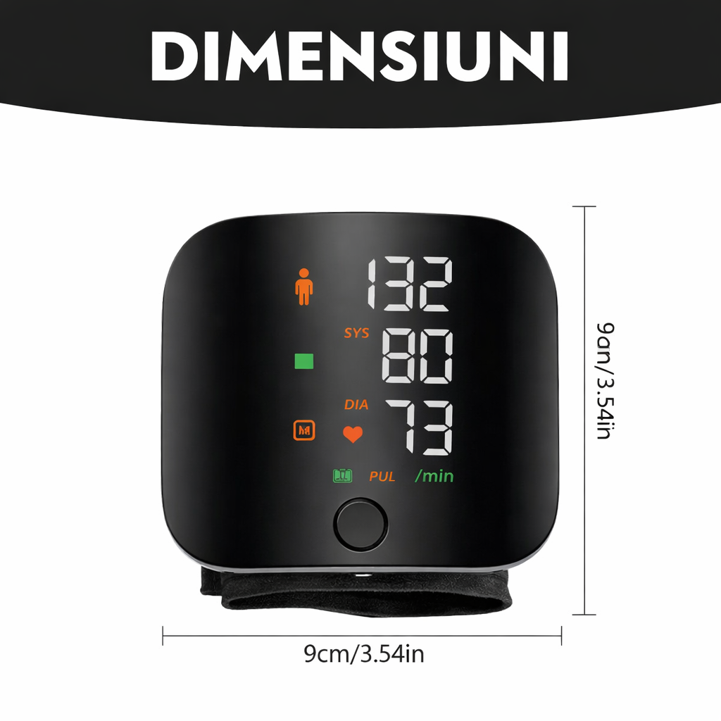 Tensiometrul cu dimensiunile marcate: 9 x 9 cm