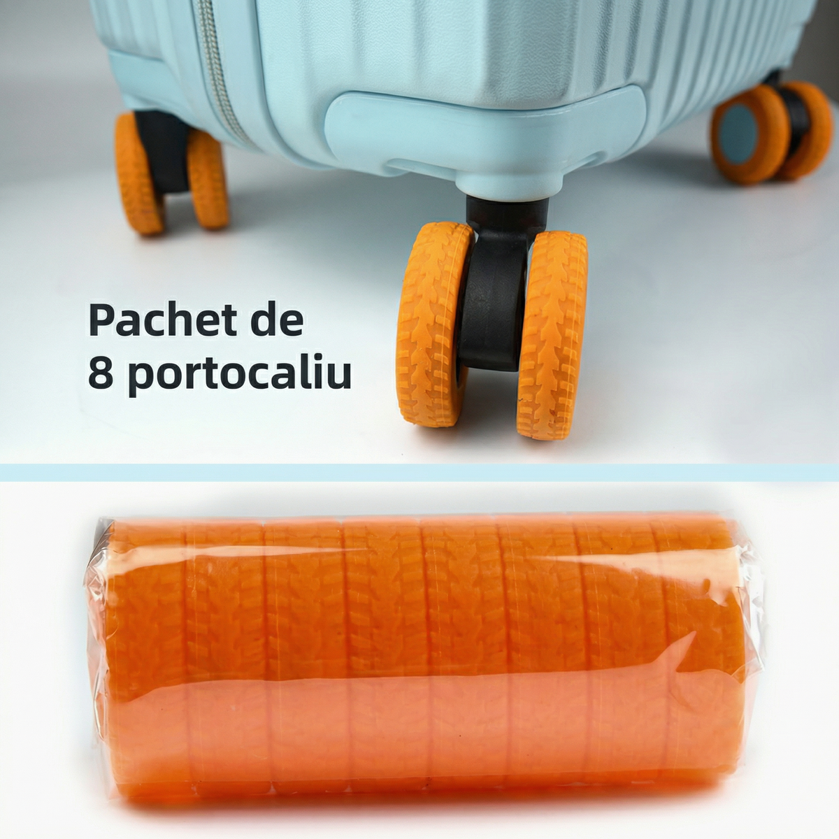 Protecții portocalii pe roțile unei valize și pachetul de 8